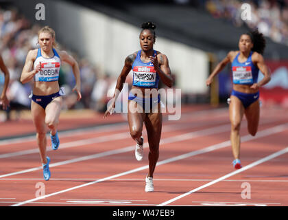 Lo stadio di Londra, Londra, Regno Unito. Il 20 luglio, 2019. IAAF Muller anniversario giochi atletica; Elaine Thompson della Giamaica che attraversano la linea in primo luogo in campo femminile 200m Credito: Azione Sport Plus/Alamy Live News Foto Stock