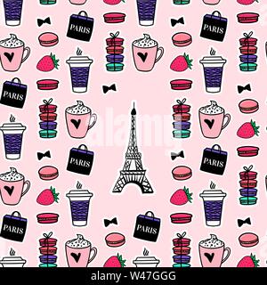 Parigi seamlesss pattern. Torre Eiffel francese con caffè e dessert. Superficie girly design. Illustrazione Vettoriale