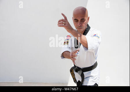 La cintura nera Sensei istruttore di arti marziali dimostrando Taekwondo modulo. Foto Stock