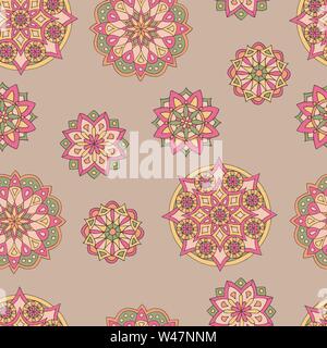Abstract pattern senza giunture di disegnati a mano i mandala in bei colori su sfondo marrone Illustrazione Vettoriale