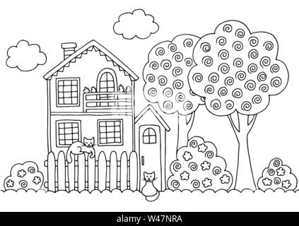 Disegnate a mano nella pagina di colorazione con un accogliente casa a due piani, alberi e gatti, per bambini e adulti Illustrazione Vettoriale