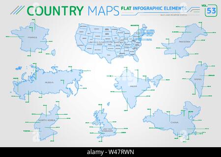 Nuclear-Weapon membri, America, Russia, Cina, Francia, India e altre mappe Illustrazione Vettoriale