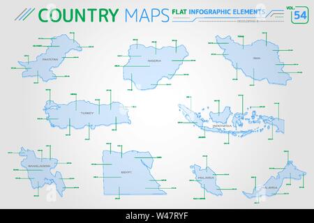 Sviluppo di-8, Indonesia, Iran, Bangladesh, Egitto, Nigeria, Malaysia, Pakistan e Turchia mappe vettoriali Illustrazione Vettoriale