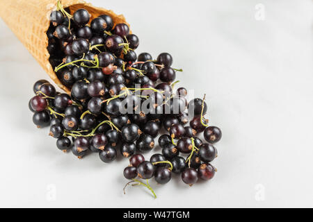 Ribes nero Ribes waffle cono gelato su marmo bianco dello sfondo. creative estate food concept. close up Foto Stock