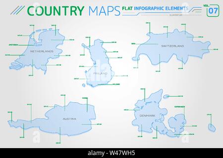 Paesi Bassi, Svizzera, Finlandia, Austria e Danimarca mappe vettoriali Illustrazione Vettoriale