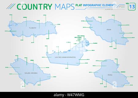 Arabia Saudita, Iraq, Iran, Emirati Arabi Uniti e Turchia mappe vettoriali Illustrazione Vettoriale