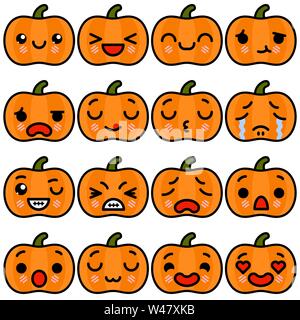 Set di caratteri Emoji Zucca di Halloween le icone con le diverse emozioni. Illustrazione Vettoriale Illustrazione Vettoriale