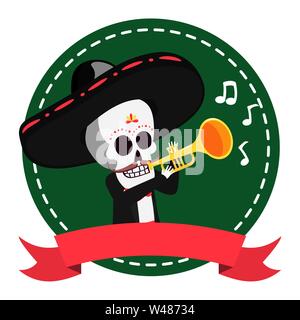 Cranio messicano mariachi suonare la tromba Illustrazione Vettoriale