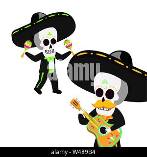 Teschi messicano mariachi a suonare la chitarra e maracas Illustrazione Vettoriale