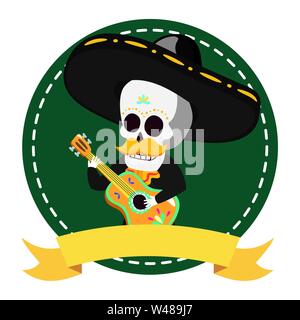 Cranio messicano mariachi a suonare la chitarra Illustrazione Vettoriale