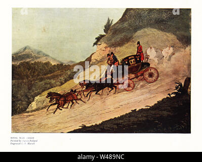 Quattro-cavallo Royal Mail corse in autobus verso il basso di una collina, 1.830 s. Stampa a colori dopo una incisione da R. Havaell da una illustrazione di James Pollard in Nevill Ralph's Old Sporting stampe, il conoscitore Magazine, Londra, 1908. Foto Stock