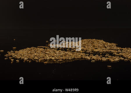Sacco di tutto il cumino dei prati secchi frutta isolato sul vetro nero Foto Stock