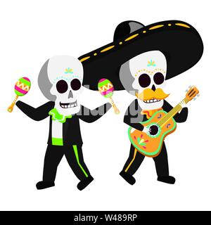 Teschi messicano mariachi a suonare la chitarra e maracas Illustrazione Vettoriale