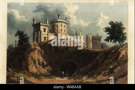 Belvoir Castle, Leicestershire, sede di Giovanni maniere, quinto Duca di Rutland. Costruita in stile Gotico romantico stile Revival a disegni dell'architetto James Wyatt e restaurato da Sir James Thornton. Handcolored incisione su rame dopo una illustrazione da W. Westall da Rudolph Ackermann's repository delle Arti, Londra, 1825. Foto Stock