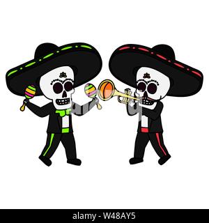 Teschi messicano mariachi suonare la tromba e maracas Illustrazione Vettoriale