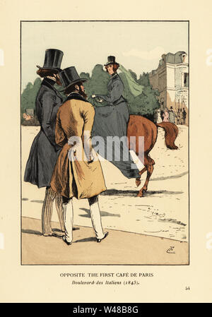 Di fronte al primo Cafe de Paris, Boulevard des Italiens, 1845. Due dandies barbuto in redingotes e top cappelli guarda una donna in lungo abito di equitazione side-sella di un cavallo. Il caffè era uno dei più popolari ristoranti sul boulevard. Litografia Handcolored dalla versione riveduta l dopo una illustrazione da Francois Courboin da Octave Uzanne della moda di Parigi, William Heinemann, Londra, 1898. Foto Stock