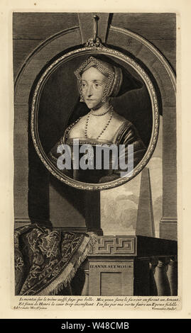 Ritratto di Jane Seymour, regina d'Inghilterra, moglie di Henry VIII. In inglese il cofano o il cofano a timpano. Jeanne Seymour. Incisione su rame da Cornelis Vermeulen dopo Adriaen van der Werff dopo un dipinto di Hans Holbein rom Isaac de Larrey's Histoire d'Angleterre, d'Ecosse et d'Irlande, Reinier Leers, Rotterdam, 1713. Foto Stock