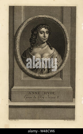 Anne Hyde, duchessa di York, moglie di re Giacomo II d'Inghilterra, epouse du Roy Jaques II. In decollete abito con collana di perle, le perle nella sua boccoli. Incisione su rame da Charles Simoneau dopo Adriaen van der Werff da Isacco de Larrey's Histoire d'Angleterre, d'Ecosse et d'Irlande, Amsterdam, 1730. Foto Stock