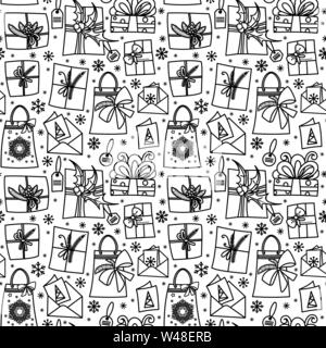 Modello senza cuciture con confezioni regalo, nastri e archi. Vacanze inverno presenta in disegnati a mano in stile scarabocchio. Bianco e nero illustrazione vettoriale. Isolato su sfondo bianco. Perfetto per pagine da colorare Illustrazione Vettoriale