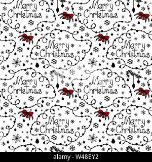 Merry Christmas background con la mano il testo disegnato, volute e i fiocchi di neve. Disegnata a mano in stile scarabocchio. Rosso e nero. Isolato su sfondo bianco. Perfetto per avvolgere carta, carta da parati, stampa di tessuto Illustrazione Vettoriale