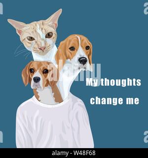 Un Uomo in camicia bianca con due teste di cani beagle e una testa di zenzero gatto, divertente immaginazione di un uomo che pensa o cura per il suo pet tutto il tempo, ve Illustrazione Vettoriale
