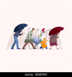 La gente camminare sotto la pioggia. Giornata di pioggia nella stagione autunnale. Uomo Donna e bambino caratteri vettoriali illustrazione piana. Illustrazione Vettoriale