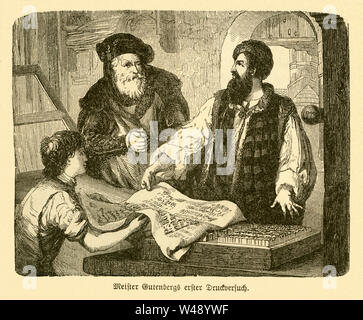 Europa, Deutschland, Renania-Palatinato, Mainz, Testooriginale : ' Meister Gutenbergs erster Druckversuch ' , Motiv aus : ' Ältere Deutsche Geschichten ' , herausgegeben von Franz Otto , Verlag Otto Spamer, Lipsia, 1890 . / Europa, Germania, Renania-Palatinato, Mainz , testo originale : ' Meister Gutenbergs erster Druckversuch ' ( Gutenbergs primo test di stampa ) , immagine da : ' vecchie storie di tedesco ' , pubblicato da Franz Otto, casa editrice Otto Spamer, Lipsia, 1890 . Foto Stock