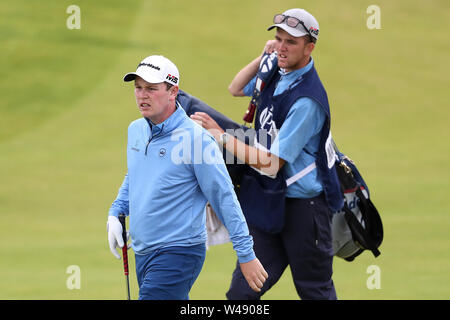 Scozia Robert Macintyre sul 2 verde durante il giorno quattro del Campionato Open 2019 presso il Royal Portrush Golf Club. Foto Stock