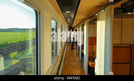 Vista del Giappone Gono ferroviaria linea dal Resort Shirakami escursione in treno. Il treno corse dalla Akita di Aomori, azionato dalla JR East company Foto Stock