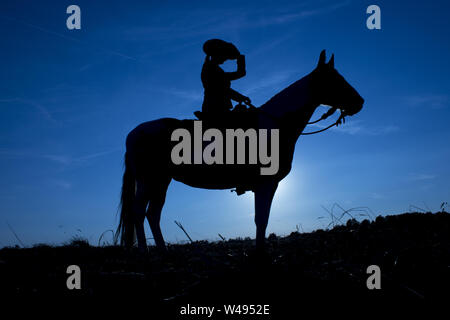 Silhouette cowgirl equitazione sulla piana aperta in western al tramonto in blu Foto Stock