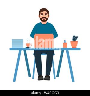 Barbuto ragazzo seduto sul posto di lavoro, uomo felice lavoro in ufficio, imprenditore lavorando dietro un laptop, personaggio in stile cartoon, freelancer malato del vettore Illustrazione Vettoriale