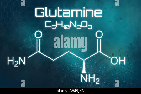 Formula chimica di glutammina su uno sfondo futuristico Foto Stock