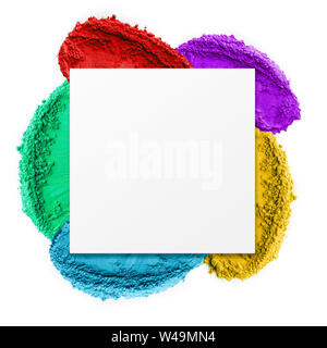 Holi luminosi colori attorno a forma di quadrato spazio bianco su bianco Foto Stock