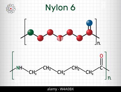 Il nylon 6 o policaprolattame molecola di polimero. Formula chimica di struttura e la molecola modello. Foglio di carta in una gabbia. Illustrazione Vettoriale Illustrazione Vettoriale