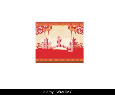 Abstract cornice decorativa con ragazza asiatica Illustrazione Vettoriale