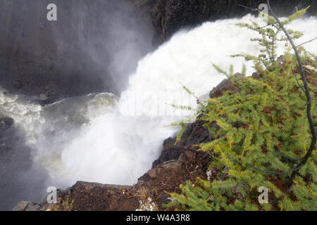 La maestosa cascata che si tuffa nel Rugged Canyon circondato da montagne innevate nell'altopiano di Putorana, a nord della Russia, riserva naturale di Putoranskiy. Foto Stock