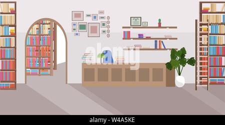 Biblioteca moderna interno vuoto nessun popolo libreria con scaffali e banco ricevimento orizzontale piana Illustrazione Vettoriale