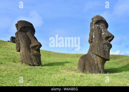 Due antichi Moai teste dalla Rano Raraku, Parco Nazionale di Rapa Nui. Patrimonio Unesco parco situato nell'isola di pasqua, Cile. Foto Stock