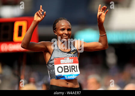 Londra, Regno Unito. 21 Luglio, 2019. Helen Obiri del Kenya celebra conquistando la donna 5000m. Muller anniversario Giochi 2019, Londra Grand Prix al London Stadium, Queen Elizabeth Olympic Park a Londra domenica 21 luglio 2019. Questa immagine può essere utilizzata solo per scopi editoriali. Solo uso editoriale . pic da Steffan Bowen/Andrew Orchard fotografia sportiva/Alamy Live news Credito: Andrew Orchard fotografia sportiva/Alamy Live News Foto Stock