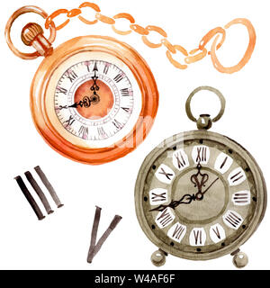 Vintage vecchio orologio orologio da tasca. Acquerello illustrazione dello sfondo impostato. Orologi isolato illustrazione elemento. Foto Stock