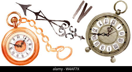 Vintage vecchio orologio orologio da tasca. Acquerello illustrazione dello sfondo impostato. Orologi isolato illustrazione elemento. Foto Stock