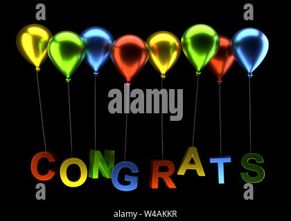 Palloncini colorati con la parola congrats su uno sfondo scuro, rendering 3D Foto Stock