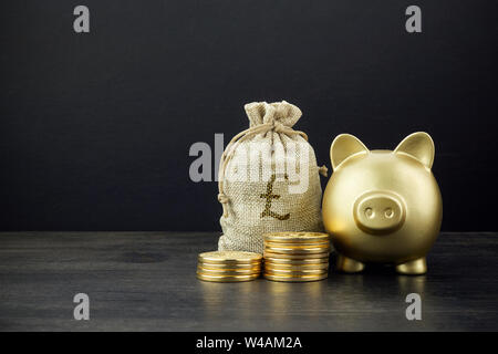 Salvadanaio e denaro sacchetto con le monete sul legno scuro dello sfondo Foto Stock