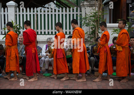 Persone dando elemosina ai giovani monaci buddisti in strada la mattina presto a Luang Prabang, Laos. Il rituale è chiamato Tak Bat. Foto Stock