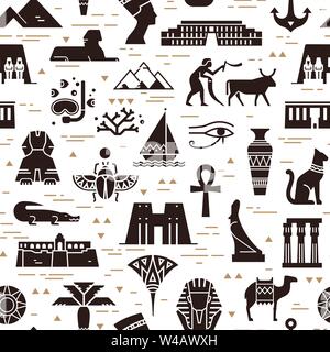 Dark seamless pattern di simboli, punti di riferimento e segni di Egitto da icone Illustrazione Vettoriale