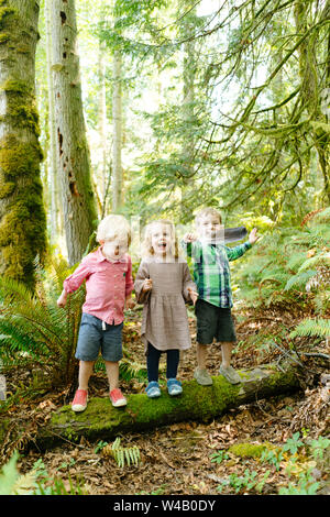 Dritto su ritratto di tre bambini che giocavano insieme nella foresta Foto Stock