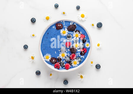 Frullato di blu ciotola o Nizza crema fatta di frutti di bosco surgelati, banana e noce di cocco con i fiori di camomilla su marmo bianco tavola. Colazione sana. vista superiore Foto Stock