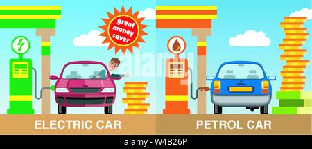 Illustrazione di un rosso auto elettrica rifornimento di carburante da una carica della batteria il punto con un auto blu rifornimento di carburante da una pompa di benzina con un rosso a forma di segno di auto Illustrazione Vettoriale