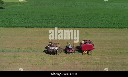 Vista aerea di un agricoltore Amish raccolto il suo raccolto con 4 cavalli e moderne attrezzature Foto Stock