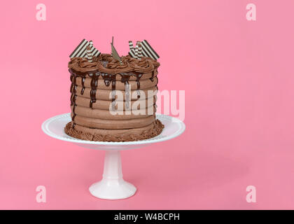 Close up su tutta la torta al cioccolato con glassa al cioccolato il gocciolamento verso il basso i lati e candy guarnire sopra presentate sul piccolo off bianco la piastra di porcellana Foto Stock